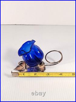 Set Of 4 Antique Cobalt Blue Glass Flower Tulip Open Salt Cellars Silver Plated