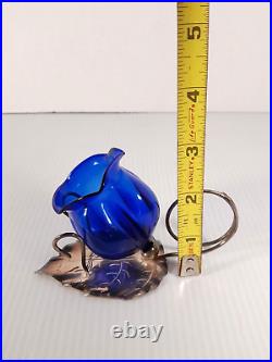 Set Of 4 Antique Cobalt Blue Glass Flower Tulip Open Salt Cellars Silver Plated