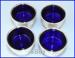 Set Of 4 Antique Sterling Silver Salt Cellar Dishes With Cobalt Blue Glass Liner