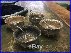 Set Of 4 Boxed Antique Silver Table Salts Salt Cellars & Spoons London, 1884