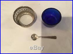 Set Of (6) Antique Pirced Sterling Silver & Colbalt Salt Cellars With Spoons Nr