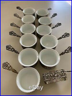 Set of 12 Antique Silver Salt Cellars with Handles & 11 French Porcelain inserts