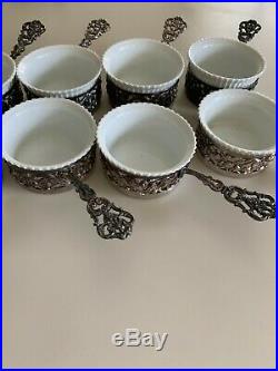 Set of 12 Antique Silver Salt Cellars with Handles & 11 French Porcelain inserts