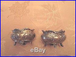 Set of 2 Antique Silver Salt Cellars with Original Glass Containers and Spoons