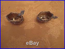 Set of 2 Antique Silver Salt Cellars with Original Glass Containers and Spoons