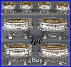 Set of 4 Antique French Sterling Silver & Cut Glass Open Salt Set, Empire Style