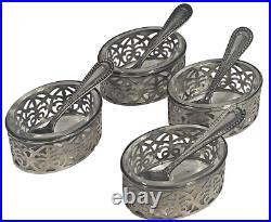 Set of 4 Antique Ornate Sterling Silver. 925 Spoon & Caviar Glass Dish