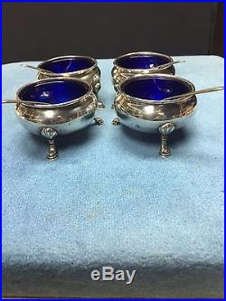 Set of 4 Empire Salt Cellars and Spoons Cobalt Glass and Sterling