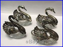 Set of 4 Sterling Silver & Crystal Figural Swan Salt Cellars