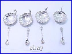 Set of 4 Sterling Silver Shell Salt Cellars with Rooster & Fish Details & Spoons