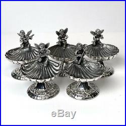 Set of 5 Sterling Silver Raised Salt Cellars, Cherubs Playing Musical Instuments