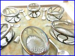 Set of 6 Alvin Sterling Silver Overlay Salt Dips Cellars withSpoons Oval Glass T82
