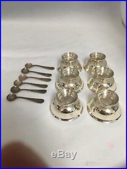 Set of 6 Sterling Silver Salt Cellars and Spoons Gold Wash Bowl. TWR