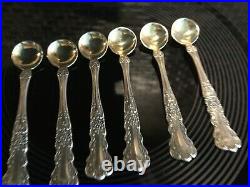 Set of 6 glass salt cellars including 6 sterling Gorham Buttercup salt spoons