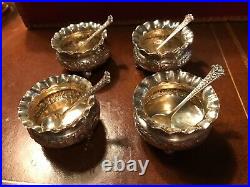 Set of Four (4) Antique Victorian Sterling Silver Salt Cellars & Original Spoons