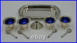 Set of Four Silver Plated Salt Cellars Cobalt Blue Glass-Spoons-Tray-Candle Hold