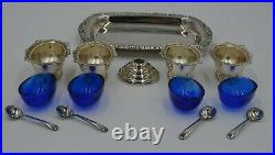 Set of Four Silver Plated Salt Cellars Cobalt Blue Glass-Spoons-Tray-Candle Hold