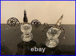 Silver 835 Figural Rooster and Hen Cut Lead Crystal Salt Cellars
