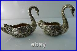 Solid Silver Pair Of Rare Antique Salt & Pepper Cellars Swan Shaped
