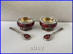 Solid Sterling Silver 925 Guilloche Enamel Salt Cellars & Spoons David Andersen