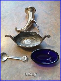 Sterling & Cobalt Glass Viking Ship Salts & Horns & Spoons Sweden