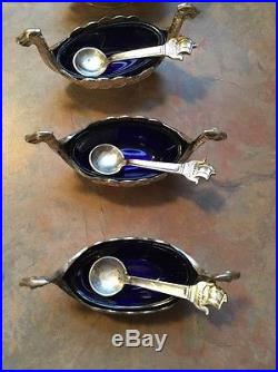 Sterling & Cobalt Glass Viking Ship Salts & Horns & Spoons Sweden