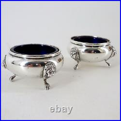 Sterling Open Salt Cellars Lion Heads Paw Feet Cobalt Glass Inserts 2-1/2 110g