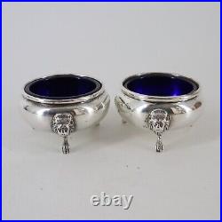 Sterling Open Salt Cellars Lion Heads Paw Feet Cobalt Glass Inserts 2-1/2 110g