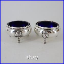 Sterling Open Salt Cellars Lion Heads Paw Feet Cobalt Glass Inserts 2-1/2 110g