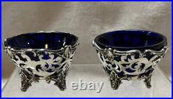 Sterling Ornate Cobalt Lined Open Salts by Theodore Starr Monogram