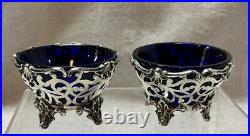 Sterling Ornate Cobalt Lined Open Salts by Theodore Starr Monogram