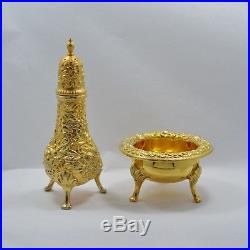 Sterling Repousse Gold Overlay S Kirk & Son Footed Salt Cellar & Pepper Shaker