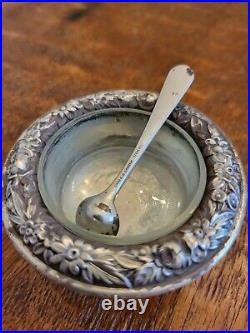 Sterling S Kirk And Son Antique Floral Salt Cellar With Silver Spoon And Glass