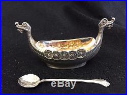 Sterling Signed Norway Viking Ship Salt Cellar 925 With Glass Insert & Spoon