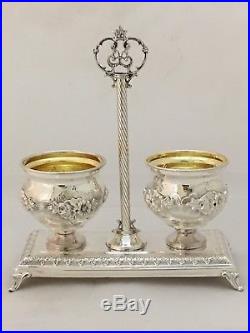Sterling Silver 925 Double Salt Cellar On Base with Glass Inserts