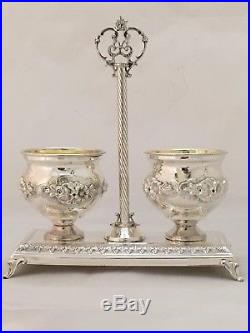 Sterling Silver 925 Double Salt Cellar On Base with Glass Inserts