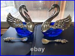 Sterling Silver 925 Swan Salt Cellars on Cobalt Blue Glass with925 Cherub Spoons