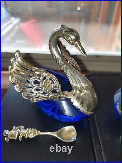 Sterling Silver 925 Swan Salt Cellars on Cobalt Blue Glass with925 Cherub Spoons