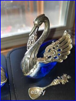 Sterling Silver 925 Swan Salt Cellars on Cobalt Blue Glass with925 Cherub Spoons