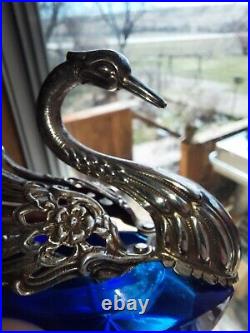 Sterling Silver 925 Swan Salt Cellars on Cobalt Blue Glass with925 Cherub Spoons