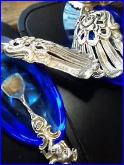 Sterling Silver 925 Swan Salt Cellars on Cobalt Blue Glass with925 Cherub Spoons