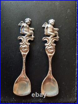 Sterling Silver 925 Swan Salt Cellars on Cobalt Blue Glass with925 Cherub Spoons