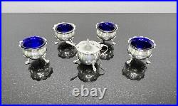 Sterling Silver Cellars Salt And Mustard Pot, Blue Cobalt Glass British Hallmark