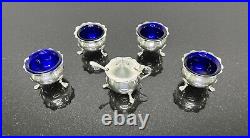 Sterling Silver Cellars Salt And Mustard Pot, Blue Cobalt Glass British Hallmark