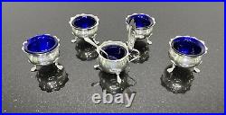 Sterling Silver Cellars Salt And Mustard Pot, Blue Cobalt Glass British Hallmark