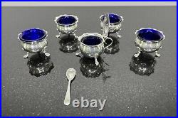 Sterling Silver Cellars Salt And Mustard Pot, Blue Cobalt Glass British Hallmark