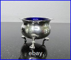 Sterling Silver Cellars Salt And Mustard Pot, Blue Cobalt Glass British Hallmark