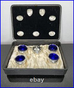 Sterling Silver Cellars Salt And Mustard Pot, Blue Cobalt Glass British Hallmark