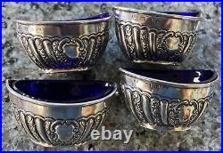 Sterling Silver & Cobalt Glass Open Salts-Set of 4-Thomas Hayes 1878 Birmingham