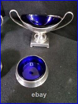 Sterling Silver Cobalt lined Master Salts and Cellars & Spoon Hallmarked Estate
